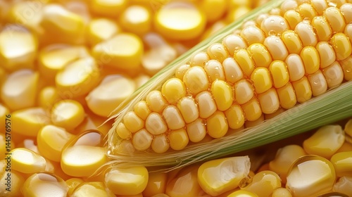 Obraz na płótnie A close-up view of golden corn kernels with water droplets, highlighting their freshness in natural light. w salonie