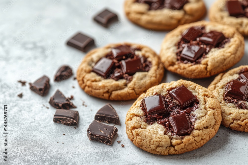 Delicious chocolate chunk cookies golden brown sweet melting chocolate squares closeup view