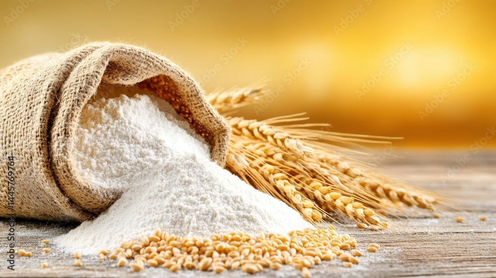 A close-up view of wheat flour spilling from a sack onto a wooden surface, with grains of wheat in the background.