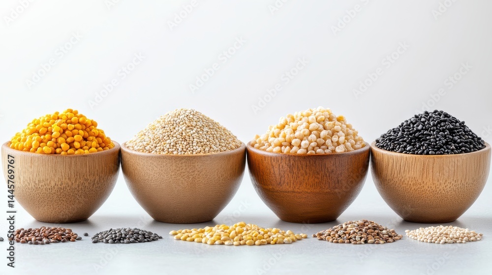 A collection of different cereal grains, neatly arranged in wooden bowls, showcasing the diverse textures and colors against a soft background.