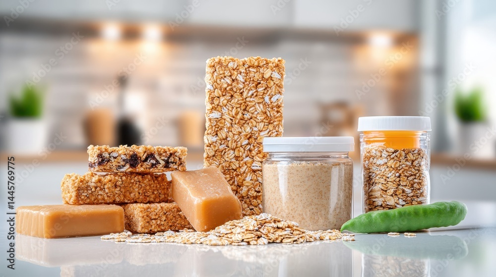 A collection of cereal bars, granola, and packaged oats on a kitchen counter, perfect for a healthy snack.