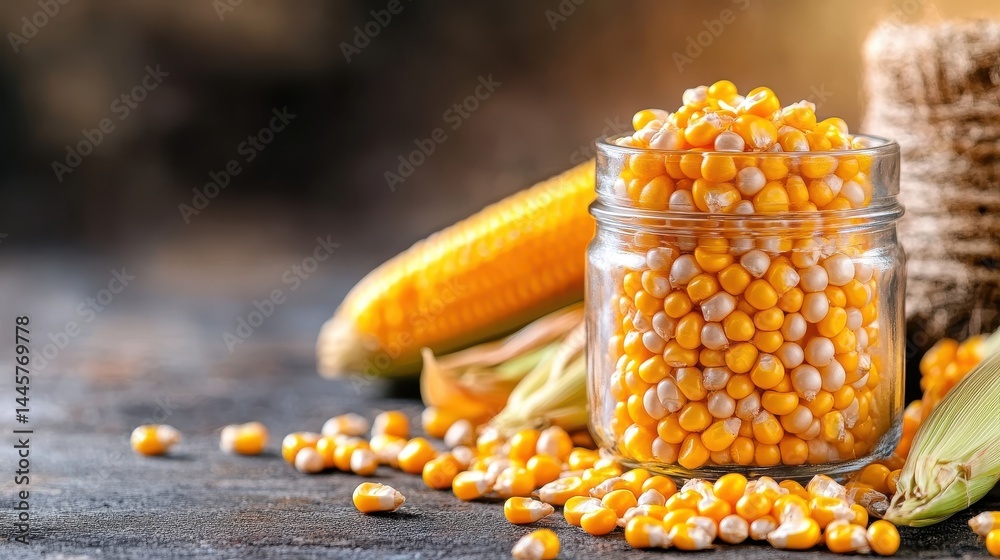 A collection of corn kernels in a clear glass jar, with a rustic background and soft natural lighting bringing out their yellow sheen.