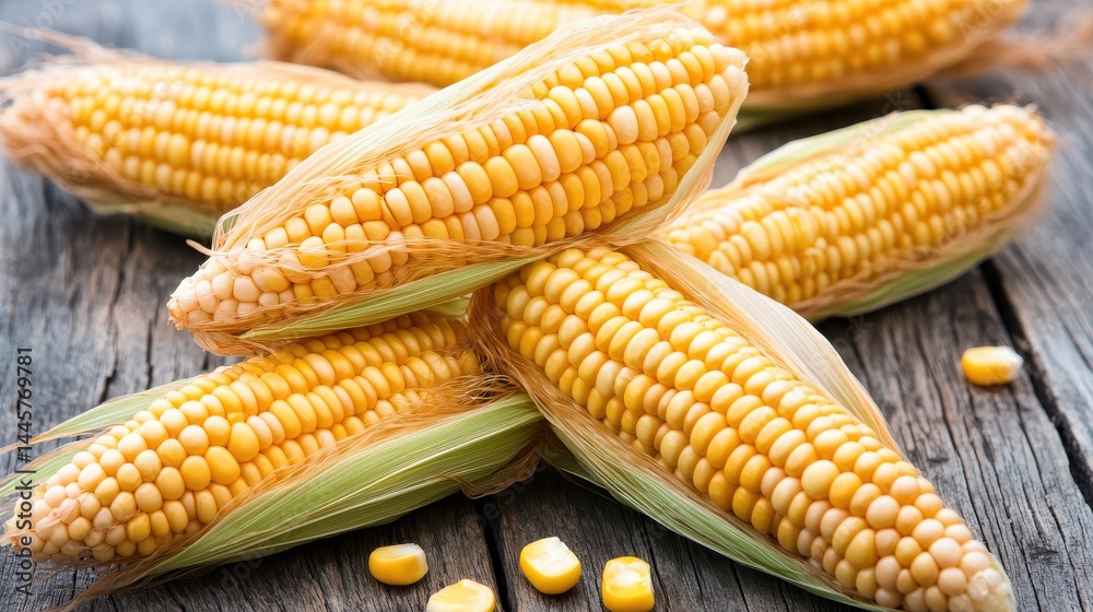 A collection of golden corns with partially peeled husks, neatly arranged on a rustic wooden table, showcasing their vibrant yellow kernels.