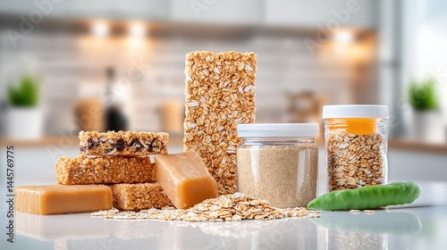 Obraz na płótnie A collection of cereal bars, granola, and packaged oats on a kitchen counter, perfect for a healthy snack. w salonie