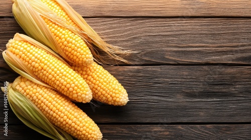 A collection of golden corns with partially peeled husks, neatly arranged on a rustic wooden table, showcasing their vibrant yellow kernels.