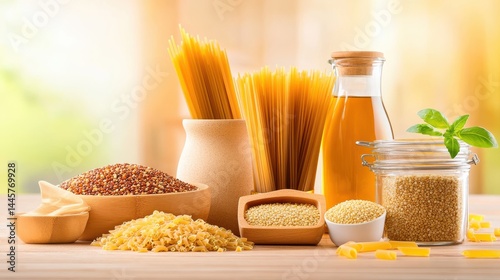 A collection of whole-grain products such as whole wheat pasta, quinoa, and brown rice displayed on a wooden kitchen counter.