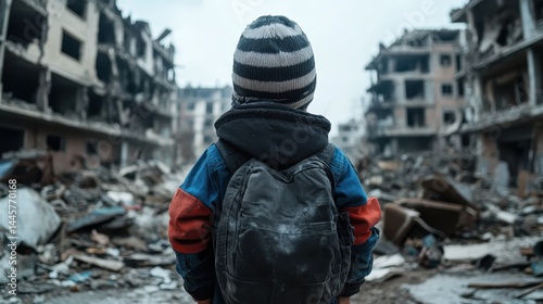A young boy stands in a devastated landscape, his backpack slung over his shoulder, encapsulating the impact of war on innocent lives and the loss of childhood dreams.