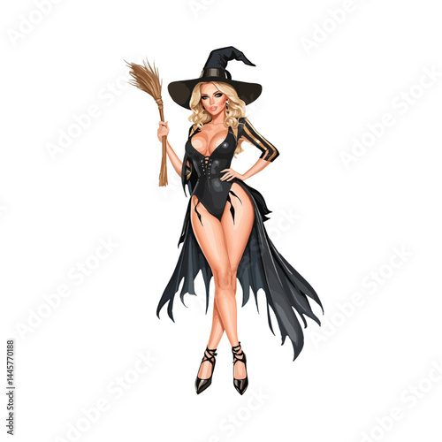 Enchanting witch character in costume holding a broomstick at a festive celebration