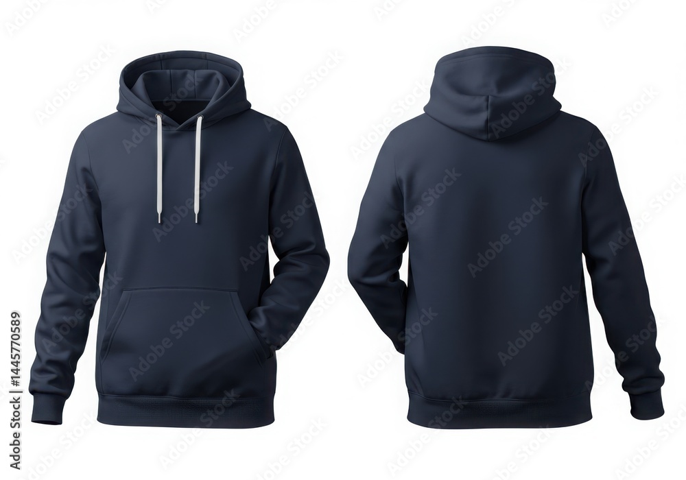 Front and back view of a dark blue hooded sweatshirt on a white background Front and back view of a dark blue hooded sweatshirt on a white background
