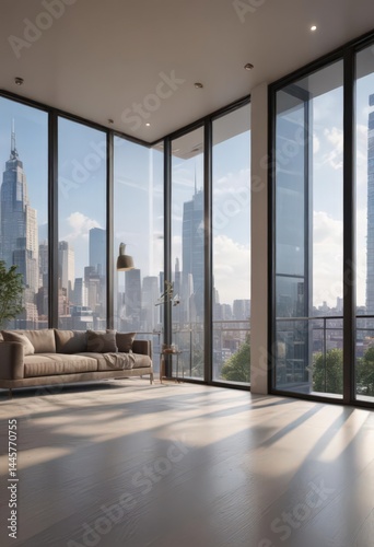 Sleek modern apartment, panoramic city view, floor-to-ceiling windows, bright, bathroom, home