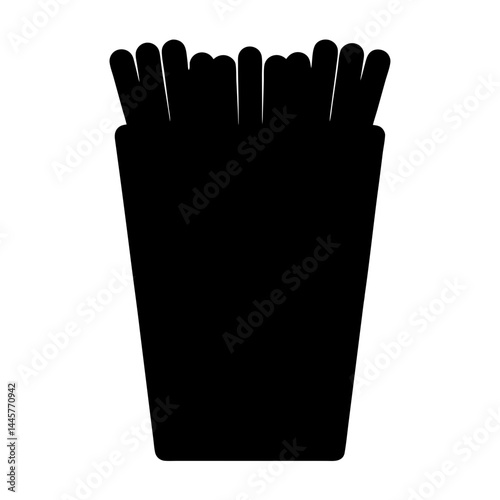 Black and white minimalist illustration of french fries in a container