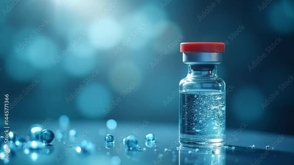 Precision liquid medicine in a small vial with water droplets and light effects