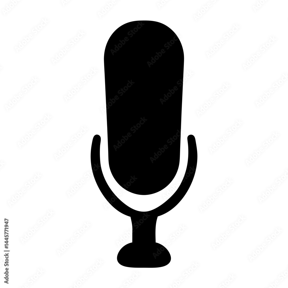 Black microphone icon on white background symbolizing recording and broadcasting Black microphone icon on white background symbolizing recording and broadcasting