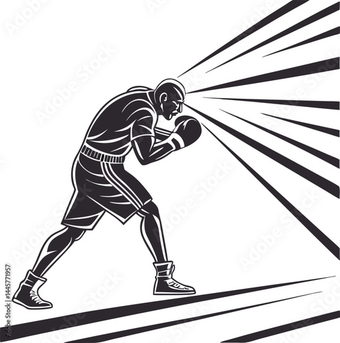 Black and White Stylized Boxer Illustration in Action Pose