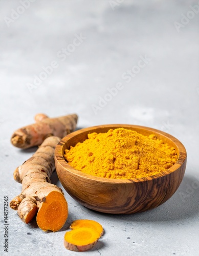 Turmeric powder in wooden bowl and fresh turmeric root on grey concrete background. Banner with copy space