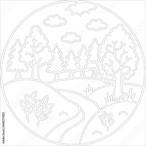 Hand-drawn vector landscape for coloring book layered illustration design