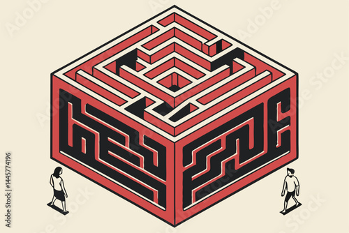 54 3D cube maze, intricate geometry, red and black color scheme, abstract structure, interconnected pathways, complex puzzle, cyberpunk aesthetic, isometric view, digital art, high contrast, futuristi