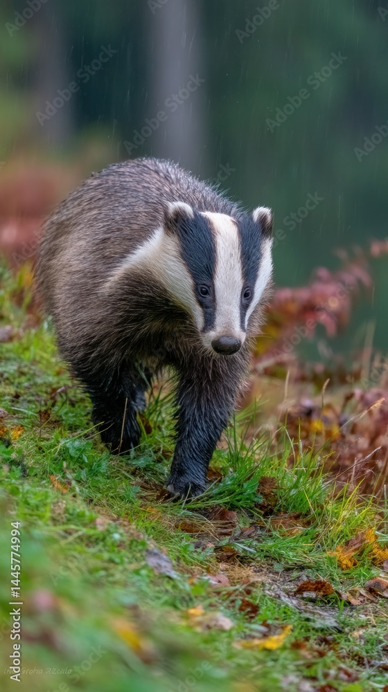 Obraz premium Badger in autumn forest with mossy ground and brown fern