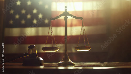 Scales of justice with gravel with blurry American flag statutory law, supreme court illustration, separation of powers. law day balance of power forms of government. Criminal law judicial branch