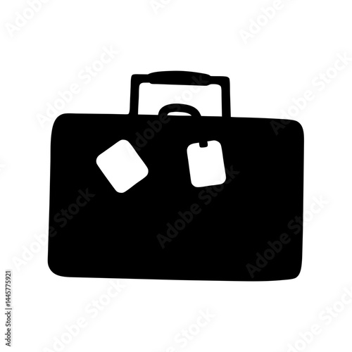 Black silhouette of a vintage suitcase with luggage tags ready for travel