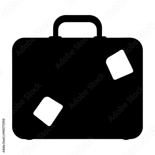 Black suitcase with white stickers, indicating extensive travel history and adventures