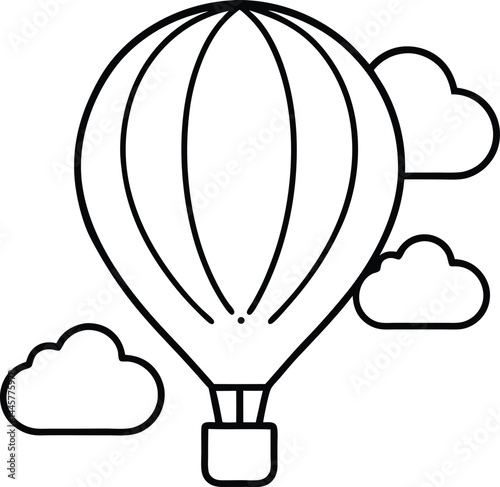 hot air balloon rising through the sky surrounded by clouds expressing freedom imagination peaceful travel and uplifting spirit in whimsical and artistic line drawing