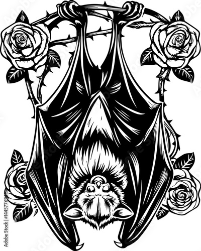 Floral gothic creatures and spiders in SVG vector style.Elegant Bat Hanging Upside Down Surrounded by Thorny Roses