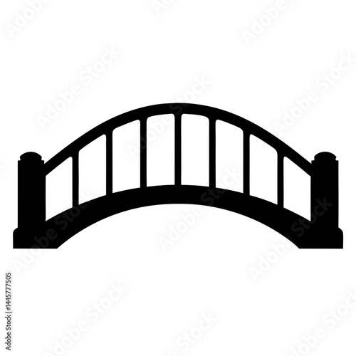 Stylized black silhouette of an arched bridge with pillars and supports