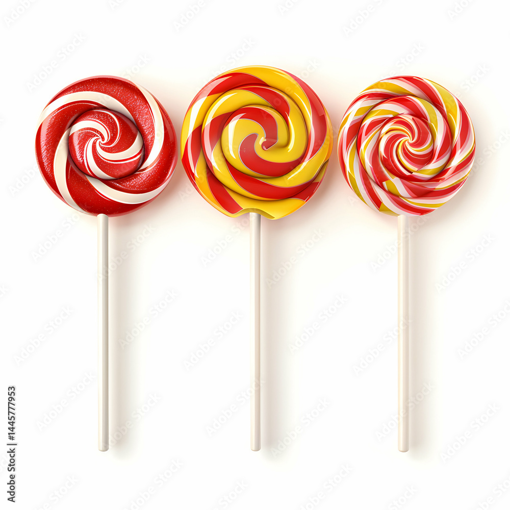 Colorful Swirled Lollipops in Bright Red and Yellow Tones on Sticks Colorful Swirled Lollipops in Bright Red and Yellow Tones on Sticks