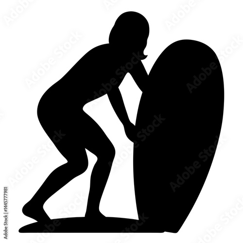 Silhouette of a woman with surfboard, preparing for surf session, black and white