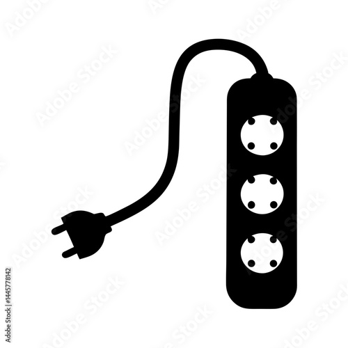 Simple black and white illustration of a power strip with cord and plug