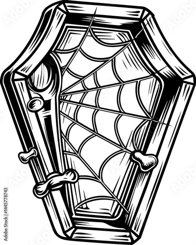Haunting dark fantasy skull fillers in SVG vector style. Vintage Coffin with Spider Web and Bones for Halloween Theme