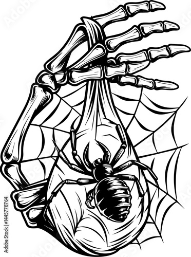 Haunting dark fantasy skull fillers in SVG vector style. Skeleton Hand Grasping Spider on Web in Halloween Theme Art