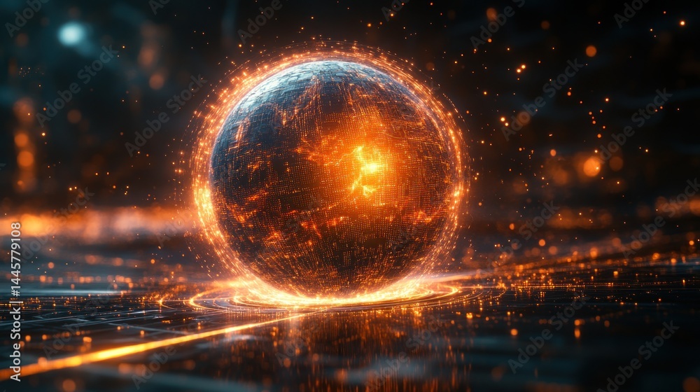Obraz premium Glowing Orange Sphere With Particle Effects Illuminated Surface Against Dark Background