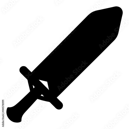 A bold black silhouette of a broadsword set against a white background