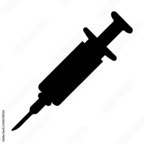A black and white illustration of a syringe for medical purposes