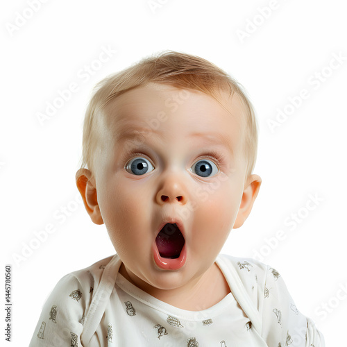Surprised baby with wide eyes and open mouth expressing shock or awe