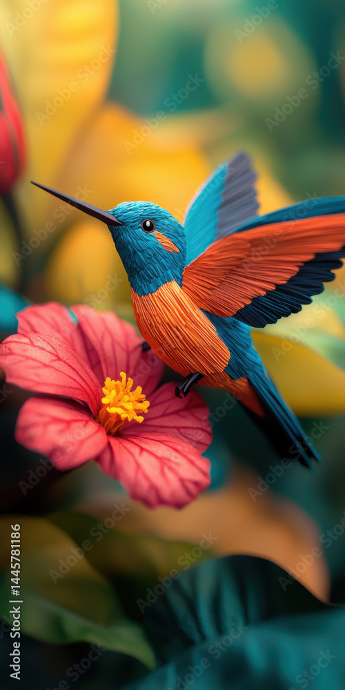 Fototapeta premium Vibrant hummingbird perched on colorful flower, showcasing intricate details and bright colors in lush environment