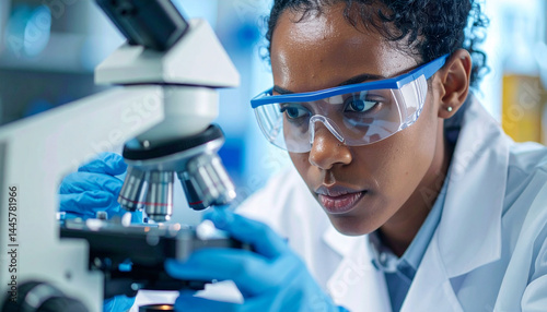 Una mujer cientifico en un laboratorio farmacéutico investigando o analizando muestras biológicas a través de un microscopio 