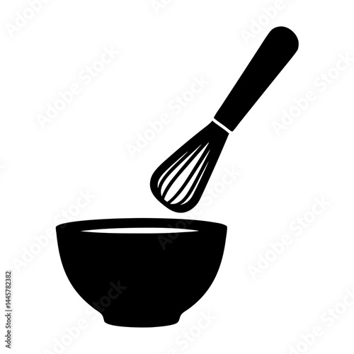 Mixing in the Kitchen, simple black and white line art shows a culinary whisk in action, blending ingredients in a bowl, perfect for culinary, cooking, and food-related projects.