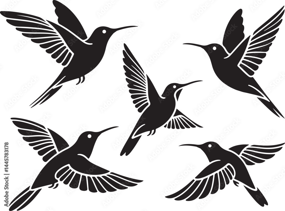 Obraz premium Set of humming bird silhouette vector illustration