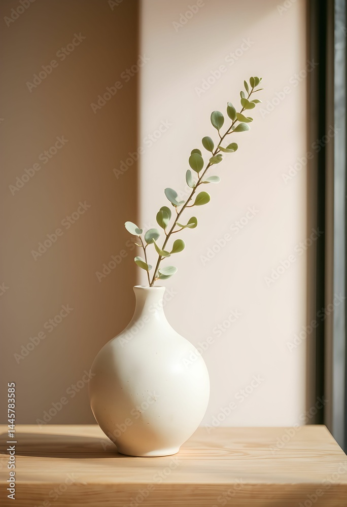 White spherical vase, Minimalist decor, Single green branch, Window sill, Soft natural light, Shadow play, Textured wall, Serene atmosphere, Simple elegance, Contemporary interior, Botanical accent White spherical vase, Minimalist decor, Single green branch, Window sill, Soft natural light, Shadow play, Textured wall, Serene atmosphere, Simple elegance, Contemporary interior, Botanical accent