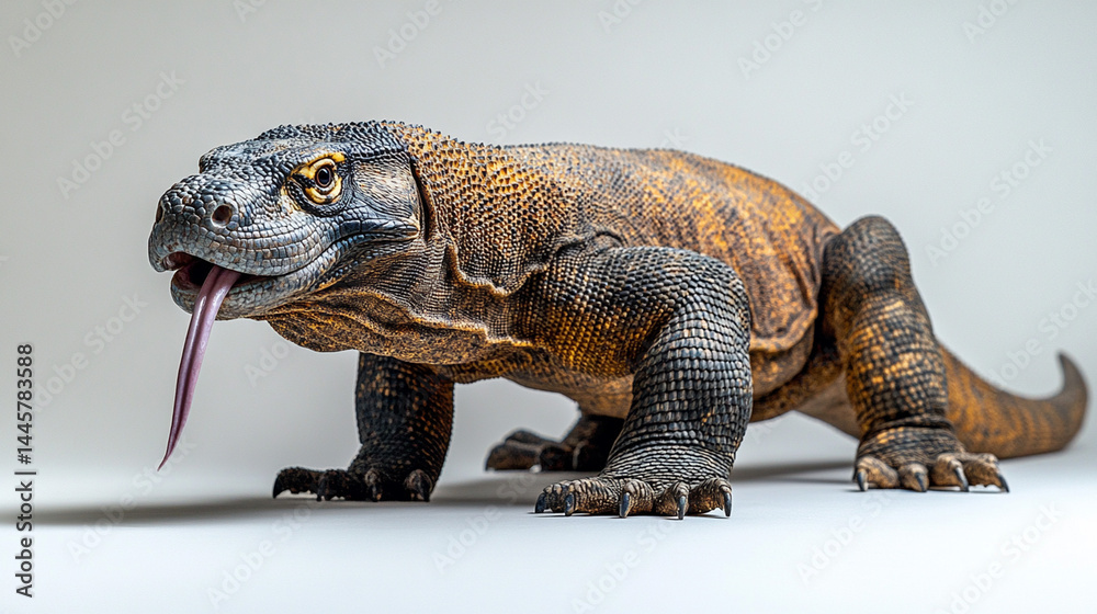 Obraz premium Komodo dragon flicking tongue on white studio background