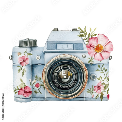 Vintage Floral Camera Watercolor Painting Photography Equipment Artistic DSLR Retro Design