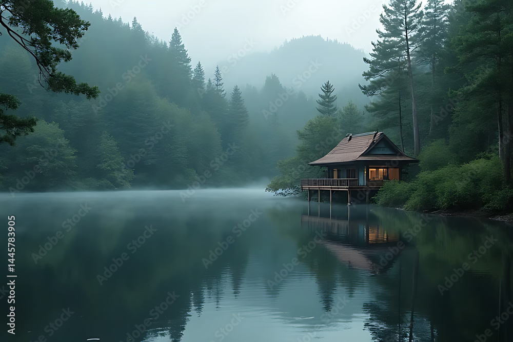Fototapeta premium Tranquil cabin by a quiet forest pond with a reflection of trees and structure, subtle mist and soft light accents