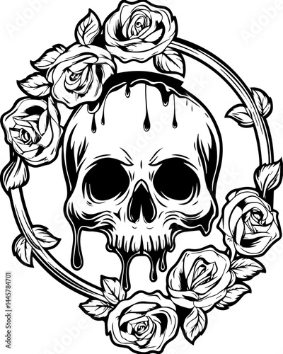 SVG design featuring a fusion of skull and floral elements in a striking artistic blend. Dark Artistic Skull with Thorny Crown Black and White Illustration