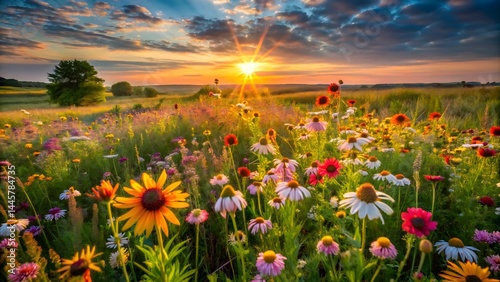 A Midwest prairie full of blooming summer wildflowers bathed in warm light from a setting sun.