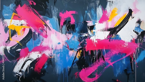 Abstract painting with dark brush strokes, splashes of vibrant colors like pink and blue