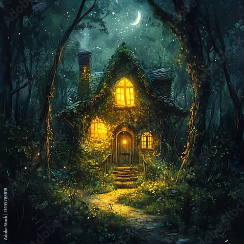 Enchanted cottage illuminated at night, surrounded by a mystical forest and starry sky