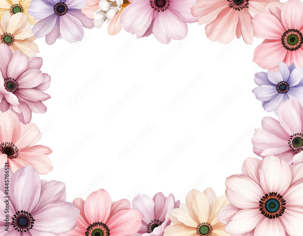 Fototapeta premium Watercolor, beautiful pastel Anemone bouquet frame for card, wedding, decoration, border. 